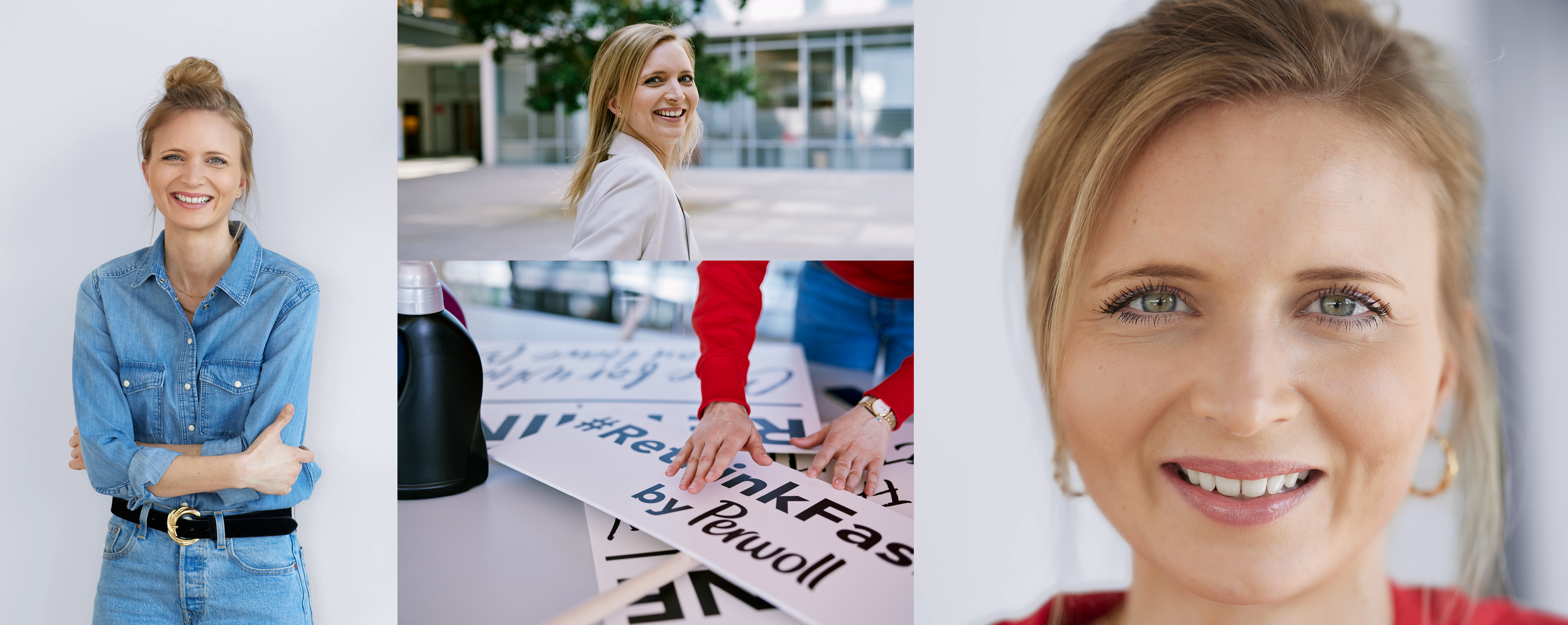 Een werknemer van Henkel staat voor haar werkplaats. Ze poseert voor de camera, sorteerborden van de #Rethink Fashion campagne van Persil, and ze lacht. 