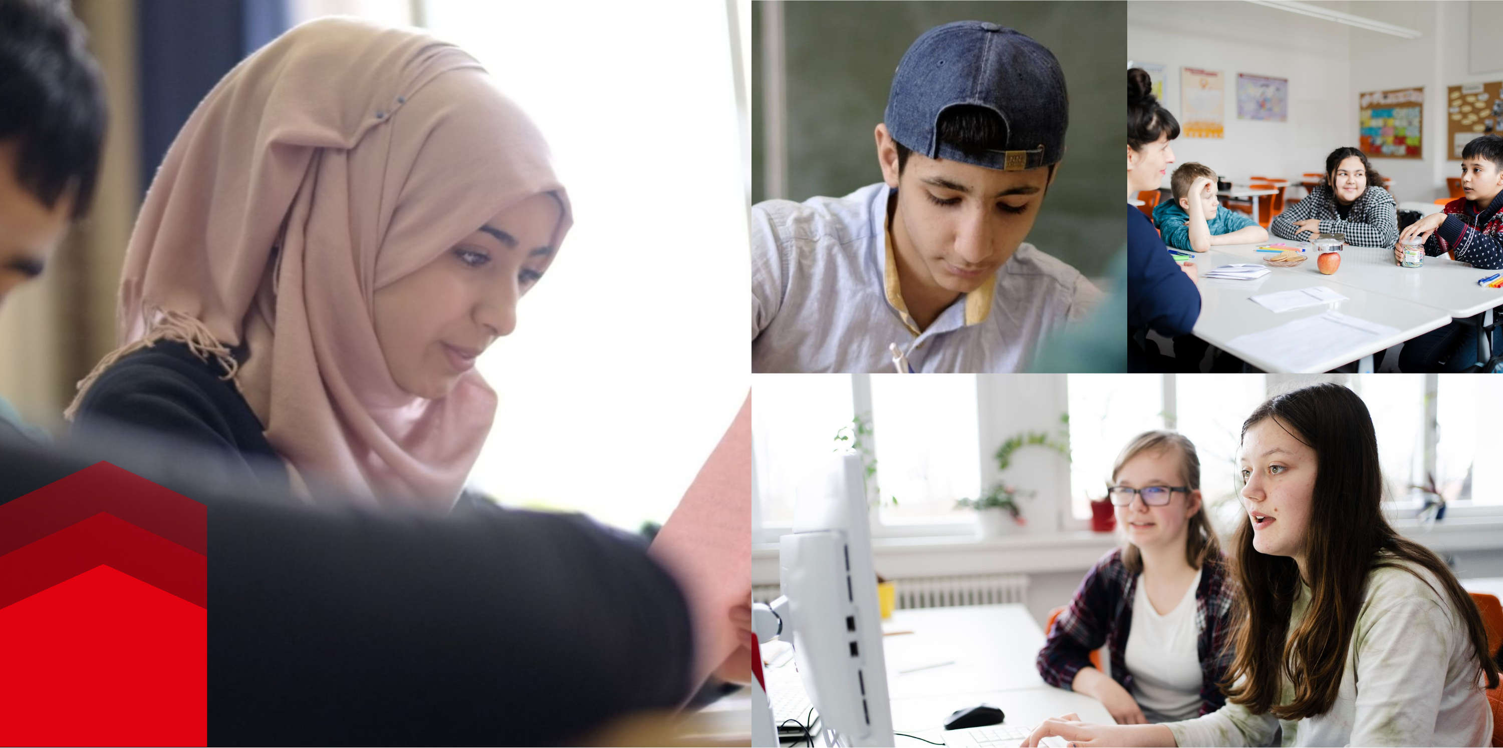Een collage van foto's met kinderen van verschillende nationaliteiten op school.