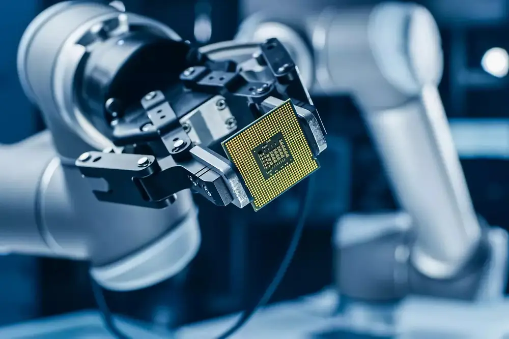 Robotic arm operating automated machinery in a semiconductor manufacturing environment.