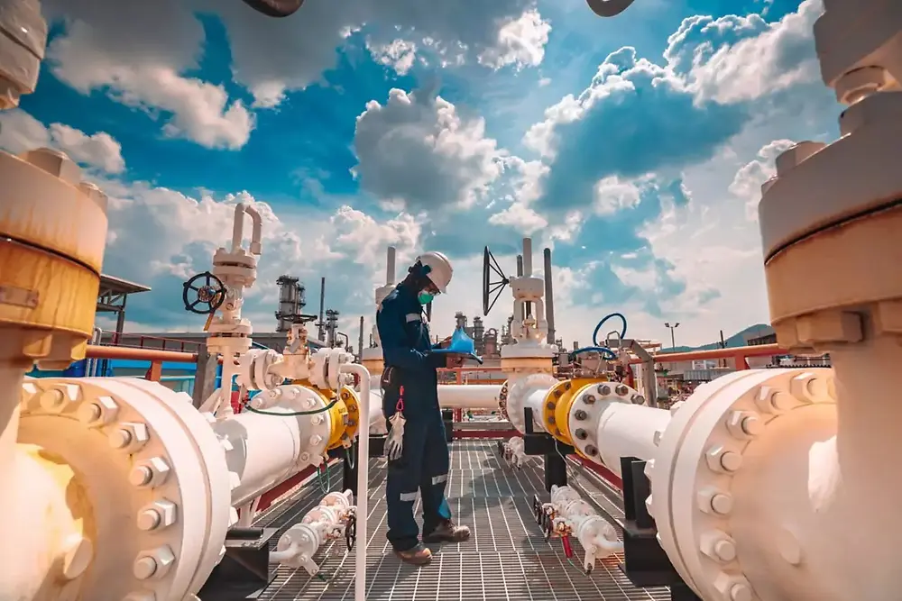 Industrial facility with large pipelines and workers inspecting equipment outdoors.