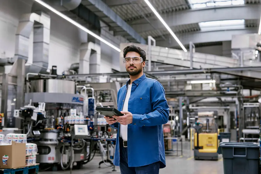 Man die in een moderne productiefaciliteit staat, met een tablet en veiligheidsbril, ter illustratie van innovatie en digitalisering in de productie bij Henkel.