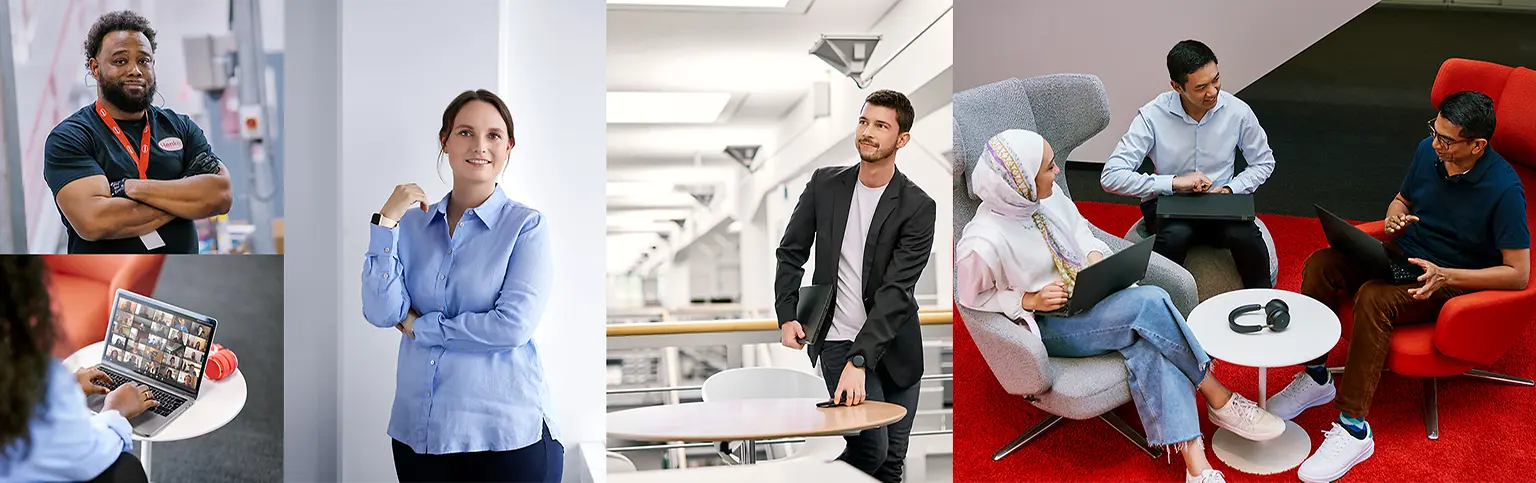 Een collage van diverse mensen, zowel mannen als vrouwen, in verschillende settings: portretten, werken aan een bureau en samenwerken in teams.