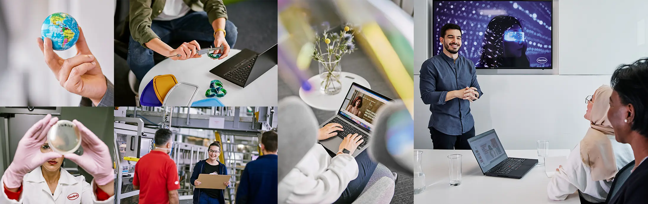 Een collage van zes afbeeldingen met een wereldbol, iemand die in een laboratorium werkt, mensen die aan tafels werken, en een scène van een vergadering en presentatie.
