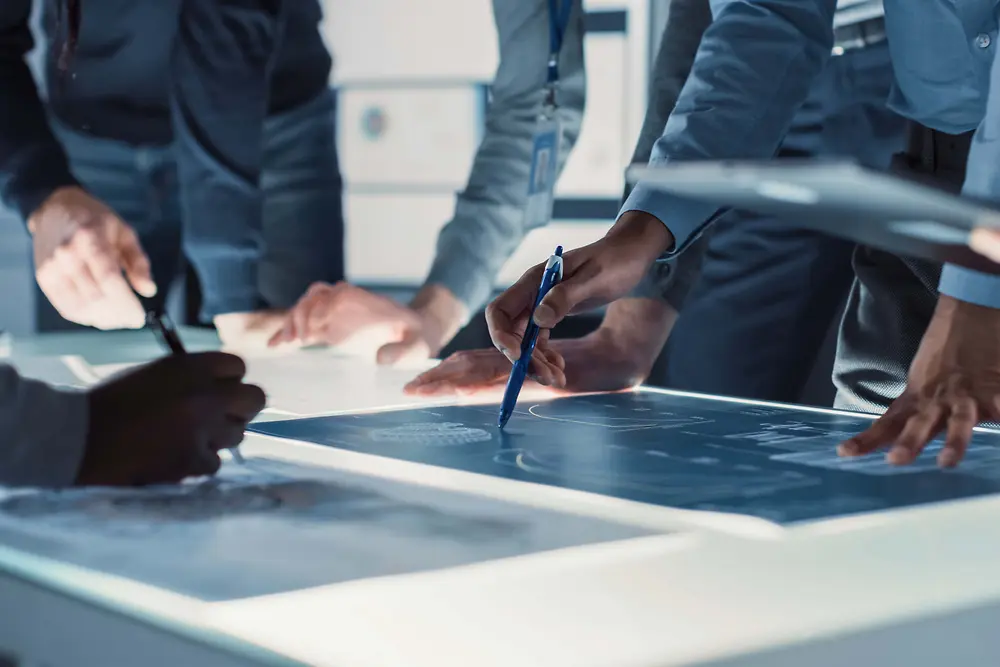 Close-up van verschillende mensen samen rond een grote, verlichte tafel, terwijl ze technische blauwdrukken bekijken en er aantekeningen bij maken met pennen en digitale toestellen.