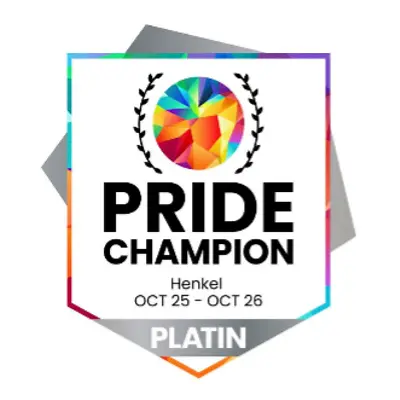 Pride Champion Platin 2025–2026-badge, ter erkenning van Henkels engagement voor LGBTQ+-inclusie en gelijkheid op het werk.