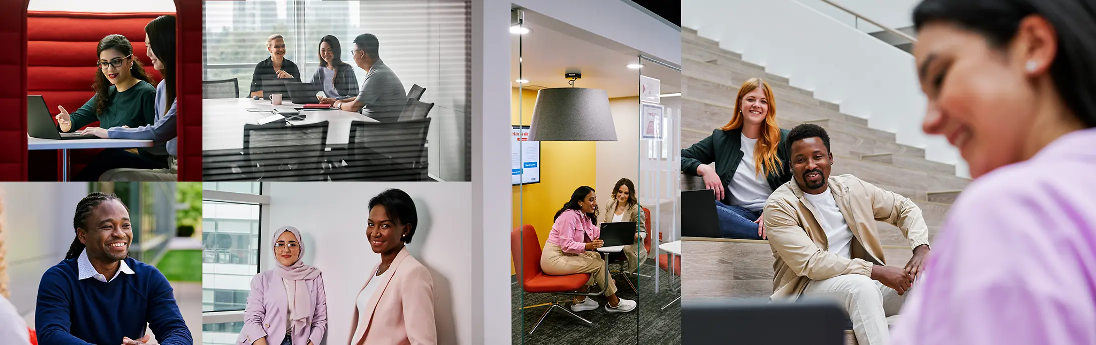 Collage van scènes waarin mensen verschillende fases van een sollicitatieprocedure en gesprekken doorlopen, waaronder personen die werken op laptops, in gesprek gaan met anderen in een kantooromgeving en informatie presenteren tijdens een gesprek.