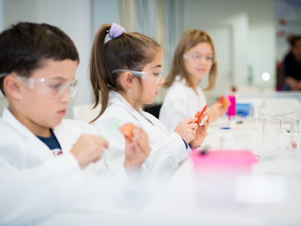Dzieci w laboratorium ze szczoteczkami