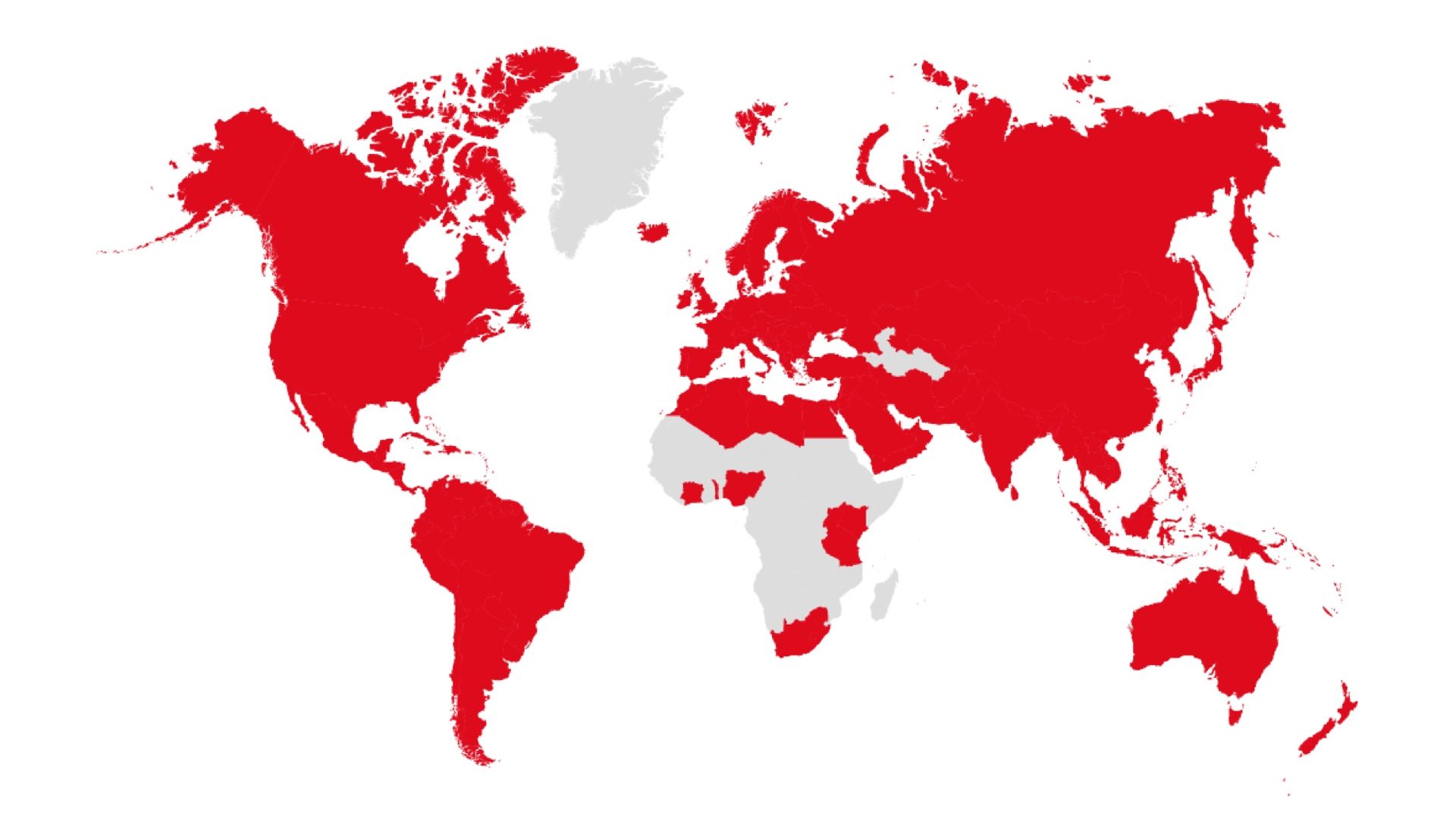 Wereldkaart in grijs met in rood de landen waar Henkel is vertegenwoordigd